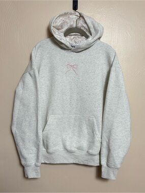 Zyfara Women’s Hoodie Bow Embroidered Long Sleeve Lined Floral Hood Gray Pink